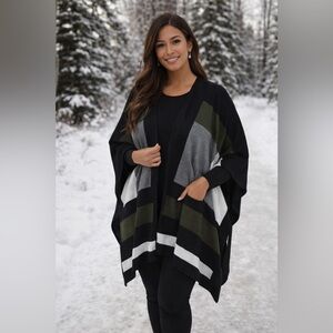 Alfani Colorblock Wrap Cardigan 0X Plus Black Olive Green Gray Open Front Poncho